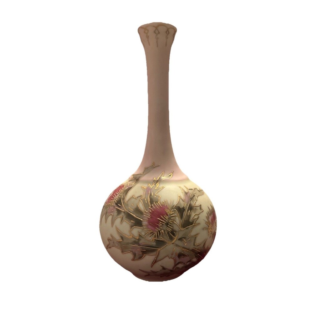 VTG Hand Painted Satin Finish Porcelain  Vase Gold Accented Thistle EUC - Picture 2 of 9